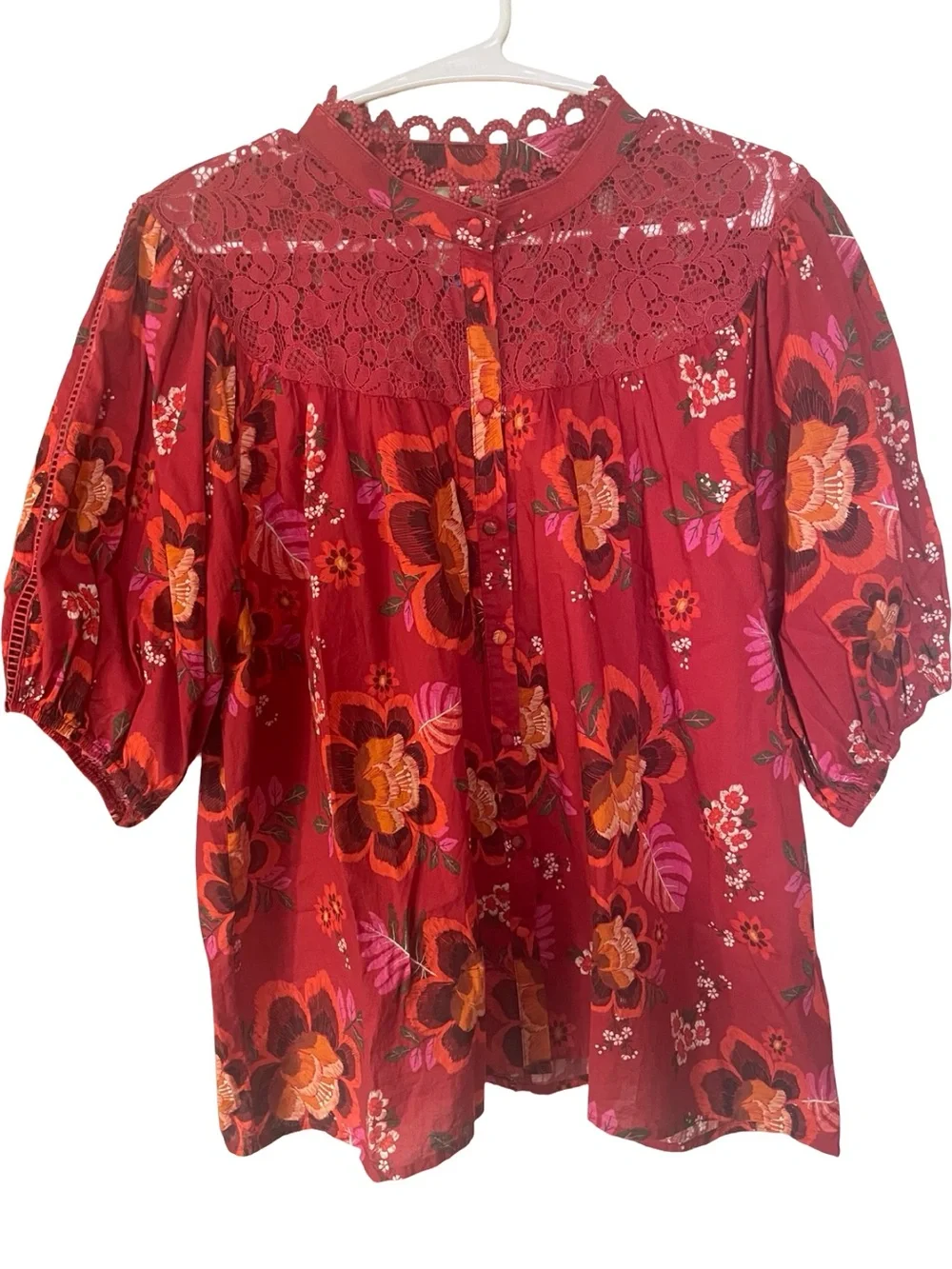 Anthropologie FARM Rio Giustina Lace Floral Cotton Blouse XL Red Puff Sleeve